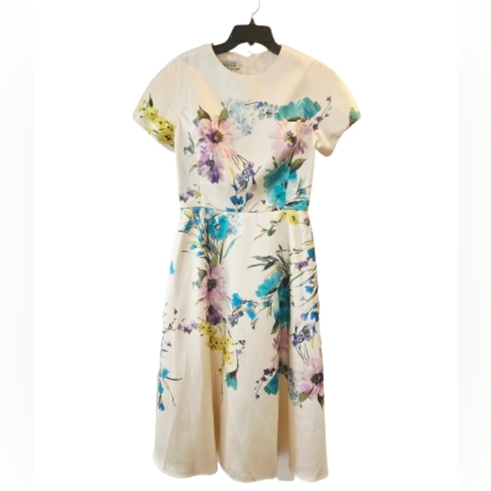 Teri Jon Colorful Floral-Print Short-Sleeve Mikado Midi Dress Women's Size 8 - Picture 2 of 12